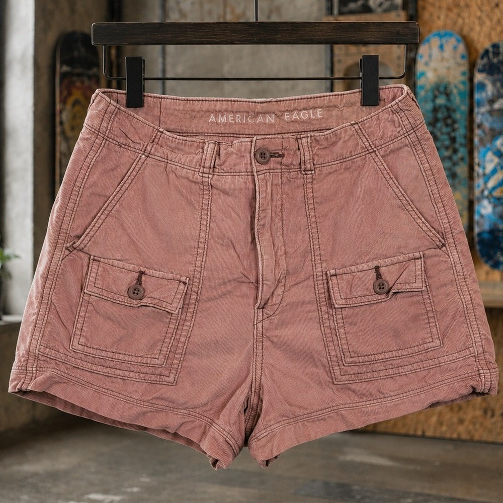 American Eagle Corduroy Utility Cargo Shorts Pink Mauve Size 4 Retro Wash